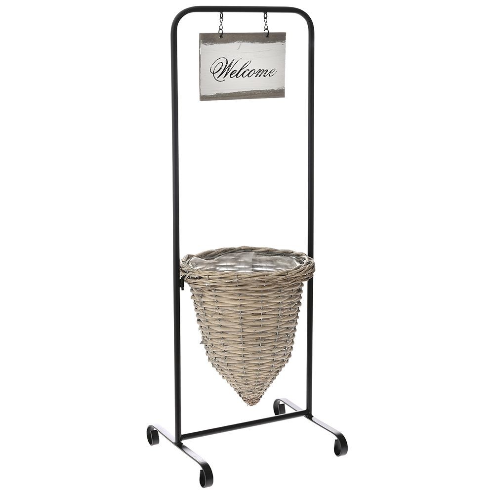 BLACK METAL STAND WELCOME WITH GRAY WICKER BASKET 33x27x90CM