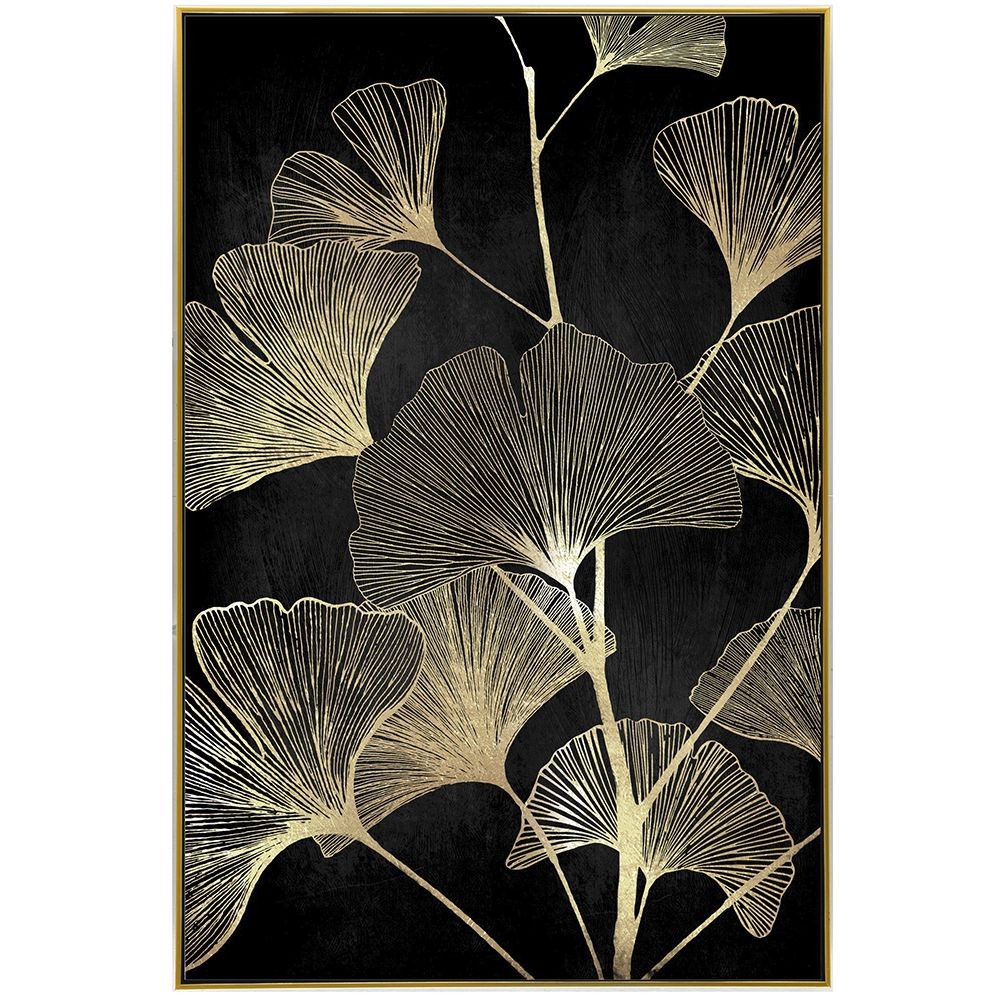 PAINT GOLD PRINTS ON PRINTED CANVAS WITH FRAME 82x122CM BLACK WITH GOLD LEAVES