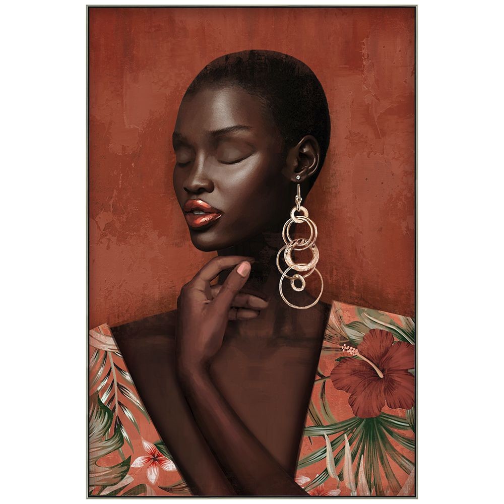 PAINTING OIL PAINTED ON PRINTED CANVAS WITH FRAME 82x122CM AFRICAN WITH GOLD EARRING