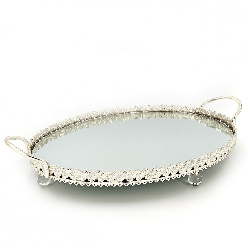 METAL OVAL TRAY 36Χ27CM SILVER WITH MIRROR