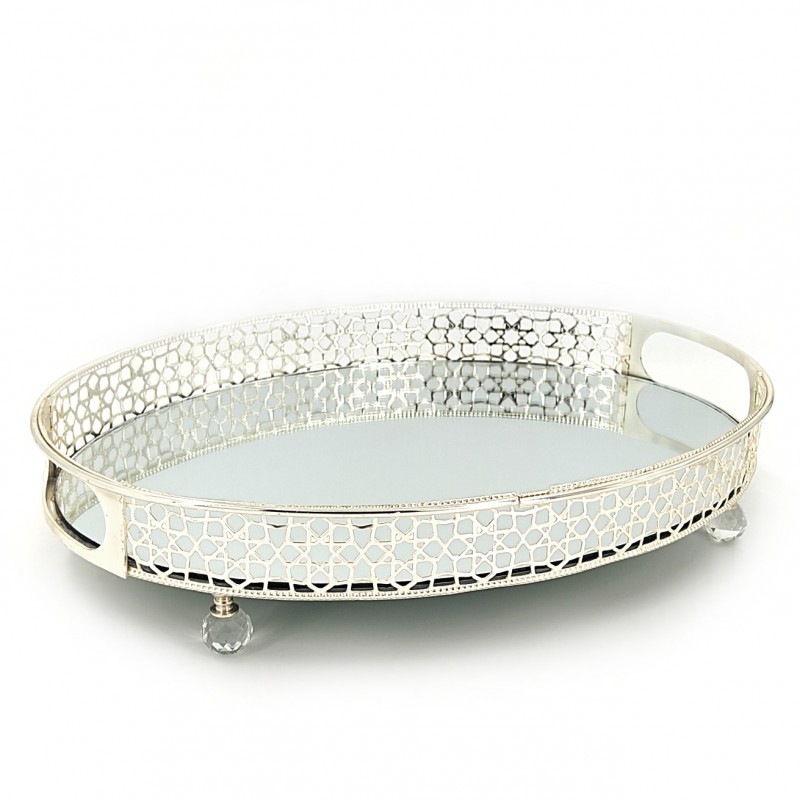 METAL OVAL TRAY 36Χ27CM SILVER WITH MIRROR-18033-40548