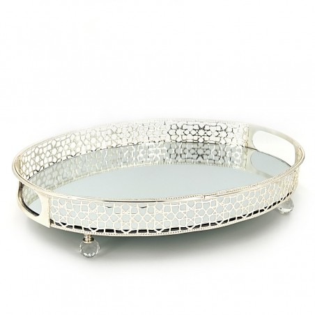 METAL OVAL TRAY 36Χ27CM SILVER WITH MIRROR