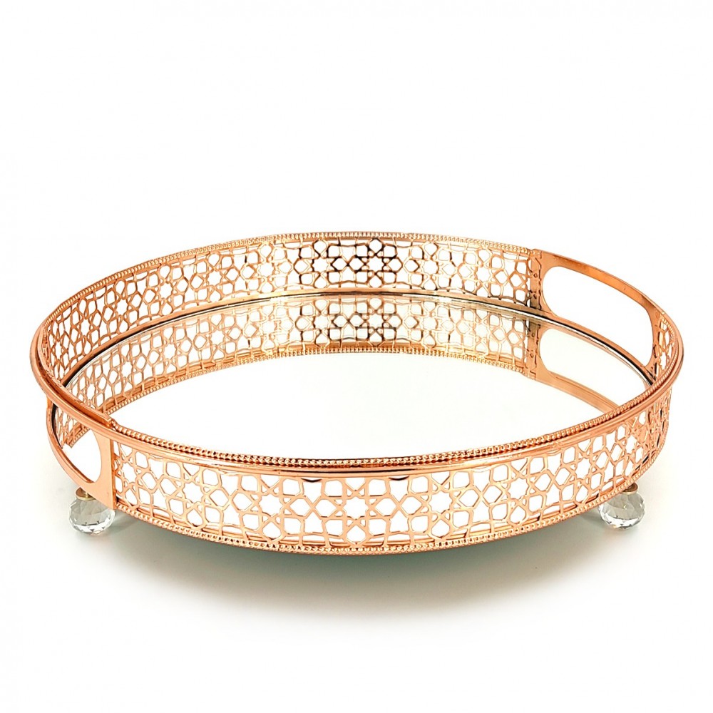 METAL ROUND TRAY 30CM PINK GOLD WITH MIRROR