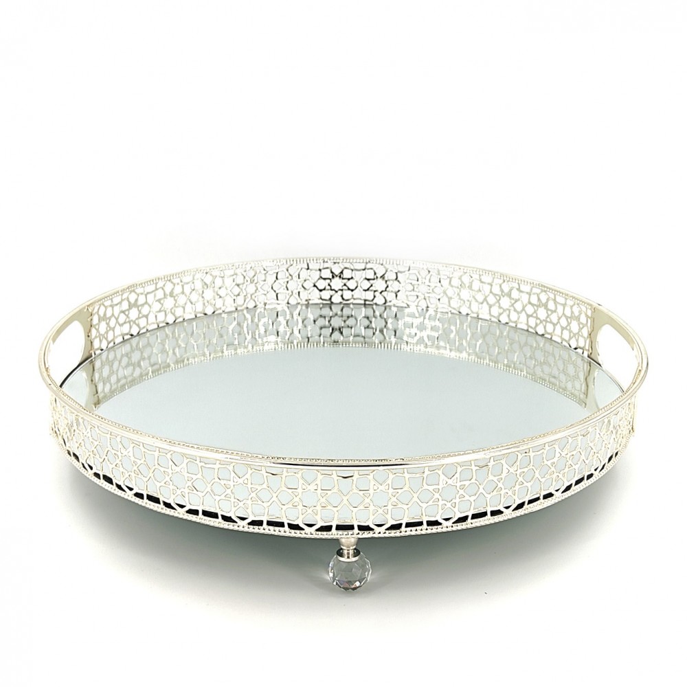 METAL ROUND TRAY 35CM SILVER WITH MIRROR