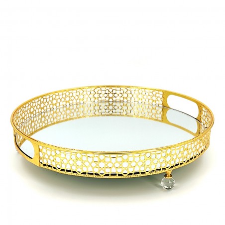 METAL ROUND TRAY 35CM SILVER WITH MIRROR