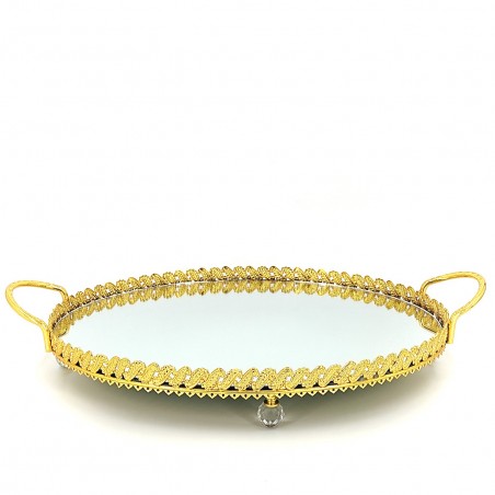 METAL OVAL TRAY 36Χ27CM GOLD WITH MIRROR 663B